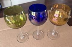 Three (3) Block Crystal Festival Balloon Wine Glasses Iridescent Jewel Colors