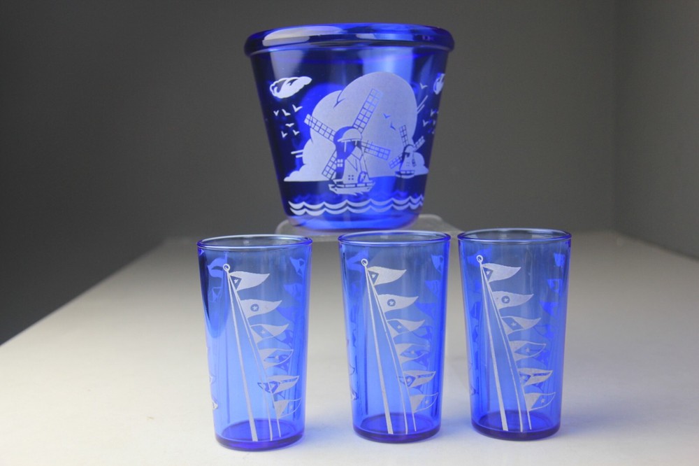 VTG Hazel Atlas Cobalt Blue Windmill Ice Bucket & 3 Flat Tumblers w/ Flags