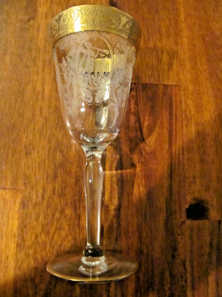 2 OPTIC 5 1/2″ WINE GLASSES ETCHED WOMEN WITH HORN + CHERUB GOLD ENCRUSTED TRIM