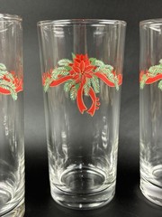 NOS 4 Holiday Poinsettia and Ribbons Glass Tumblers Anchor Hocking Flat bottom