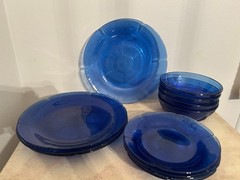 Fortecrisa Mexico Cobalt Blue Glass SET OF 12 Dinner Plates Salad Plaes + Bowls