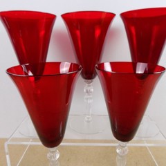 5 Cambridge Glass Ruby Red 3035 Water Goblets Glasses Ribbed Ball Stem VGC