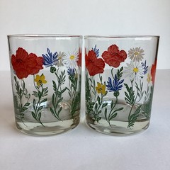 Vintage Cera Wildflower Glass Tumblers Set Of 2 Poppies Daisies Floral Low Balls