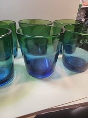 6 Blown Glass Tumblers Green And Cobalt Blue 3.5″ Each