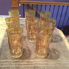 MCM 1960’s CULVER Highball Glass 22K Gold & Green Barware Set Of 8