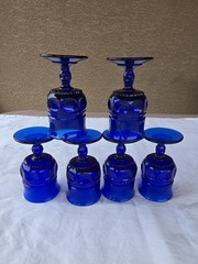 Vintage Indiana Glass Cobalt Blue Thumbprint/Kings Crown Goblets Set of 6 Mint