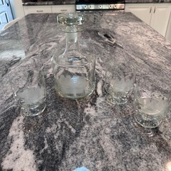 Tuscany Clipper Etched Ship Glass Decanter and 3 Footed Whiskey Glasses