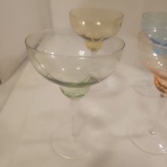 Vintage Set 4 Multi Colors HUGE BOWL Margarita Glasses ETCHED CRYSTAL 7″ Tall