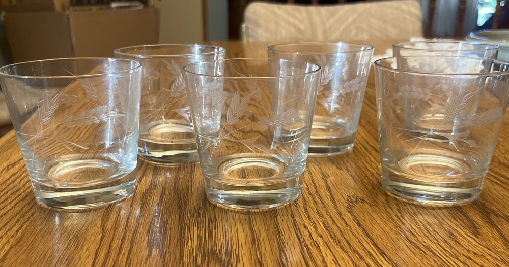 6 pc. Lot Set Etched Wheat, Whiskey Tumblers 3 3/8” Tall Libbey? Glasses