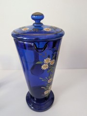 Antique Bohemian Czech Cobalt Blue Glass Pitcher Tumbler Set Parrot Bird Flowers