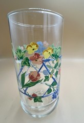 Set Of 6 Vintage 6” Water Glasses Blue Gate Fence Trellis W/ Flowers Vines MCM