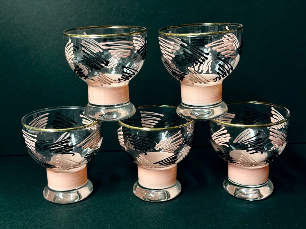 VTG 1950s MCM ATOMIC BLACK & PINK SQUIGGLE ZIG-ZAG GOLD RIMMED SHORT GLASSES