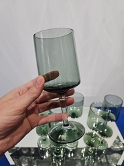 Set (6) Wine Glasses Goblets, Crystal Lenox Signed «Blue Smoke» Gray-blue-green