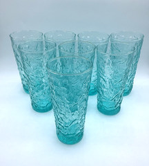 Vtg Anchor Hocking Aquamarine Lido MCM Crinkle Glasses Complete Set of 32 (8 Ea)