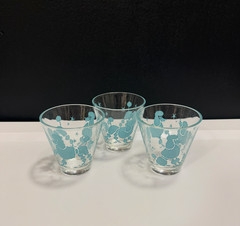 Vintage MCM Hazel Atlas «Atomic Poodles» Turquoise Cocktail Shot Glass Set of 3