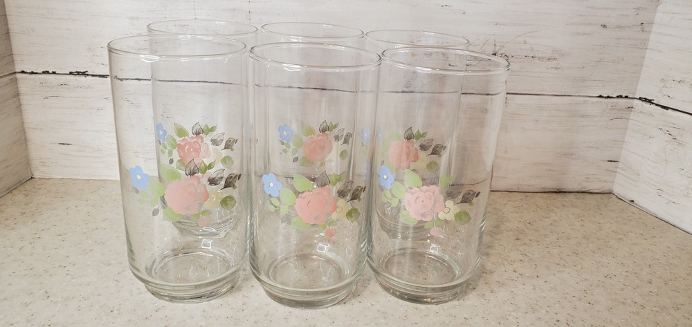 Vintage Libbey Floral Tumblers Set of 6 Pink Rose Blue Flower Glasses 5.5″