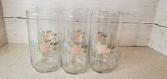 Vintage Libbey Floral Tumblers Set of 6 Pink Rose Blue Flower Glasses 5.5″