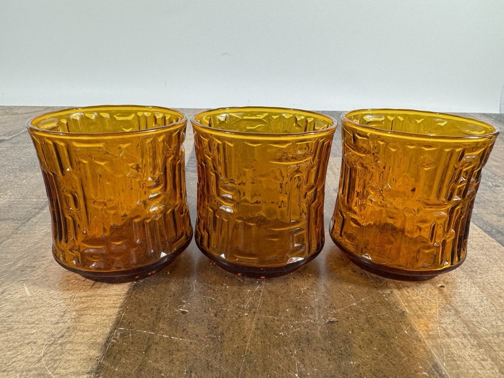 Vtg- 70s Libbey Amber/Orange Crinkle Geometric Design Tumbler Glasses 3.5 -Set 3