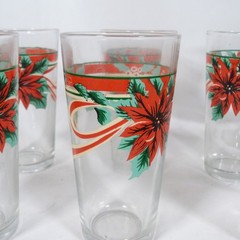 Vtg Set Of 6 KIG Poinsettia & Holly Berry Pattern Christmas 16 Oz Glasses