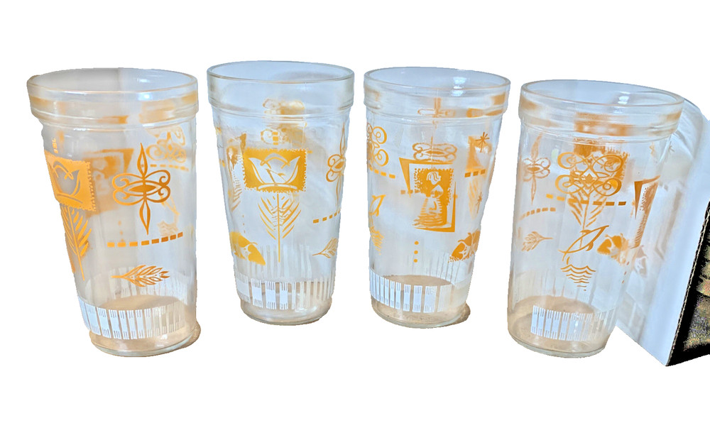 4 Vintage Jelly Glasses Tumblers With Orange & White Motifs 5 1/2″