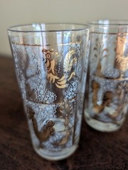 Vintage Mid Century Set Of 6 Gold Embossed Tumblers/Glasses w/Roosters 10 oz.