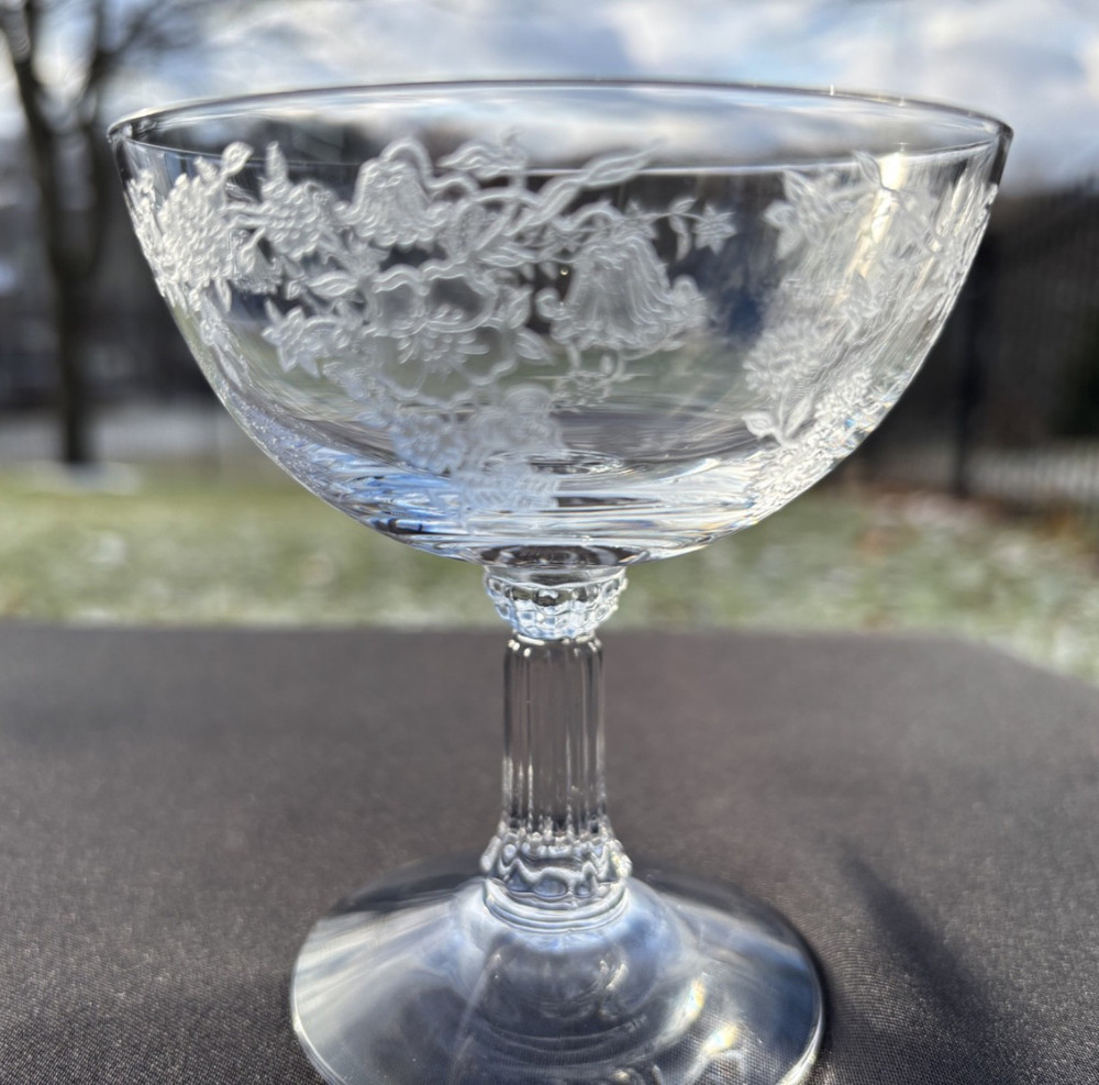Fostoria Clear Etched Bouquet 6oz Low Sherbet/Champagne 6033 Excel. Used Cond.