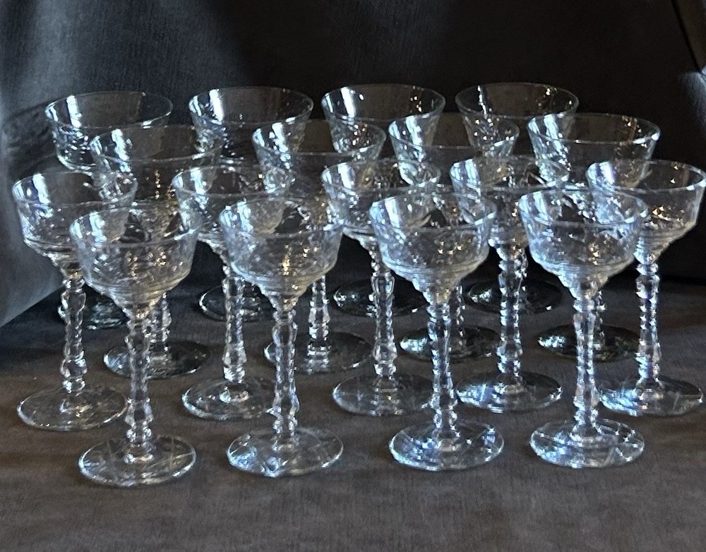 17 Libbey Rock Sharpe Glass Arctic Rose Etch Champagne Liquor Cocktail Glasses