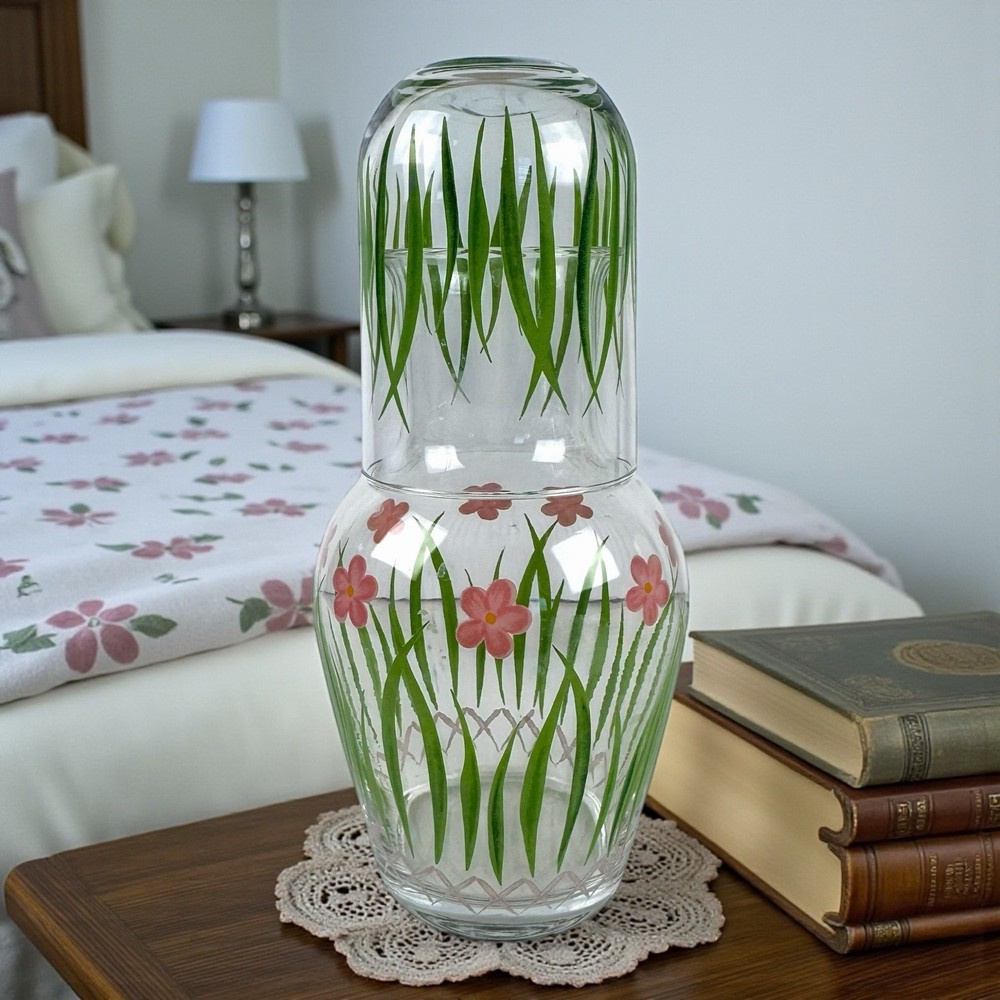 Vintage Hand Painted Glass Bedside Carafe & Tumbler Set Pink Flowers Green Grass