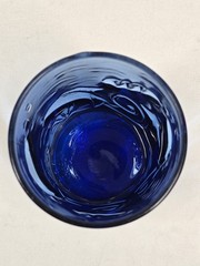 Dusky Blue Low Ball Tumbler Glass Embossed Shells Fish Starfish Ocean Life 4″