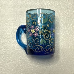 Bohemian Hand Enameled Orange Floral Blue Glass Cordials C. 1890s