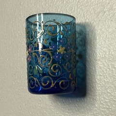 Bohemian Hand Enameled Orange Floral Blue Glass Cordials C. 1890s