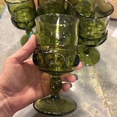 6 Vintage Indiana Kings Crown Avocado Green Glass Thumbprint Goblets