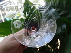 Unknown Maker Wheel Cut Rose Low Sherbet w/ Red Foot (UNK424) Excel Used Cond.