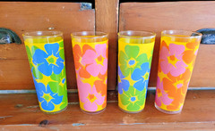 Vintage Mid Century Flower Power Glass Tumblers Set Of 4 Tiki 6 1/2 «