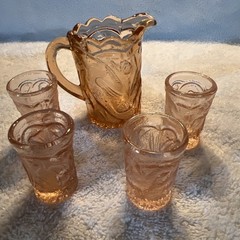 Vintage Summit Miniature Pitcher & 4 Tumblers Pink Glass Peacock Bird 5 Pc Set