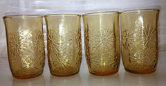 Vintage Amber Marigold Embossed Juice Glasses (4), 6 Oz