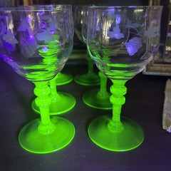 Set of 6 Tiffin Glasses with Etched Designs & Dark Green Uranium Stems Vintage