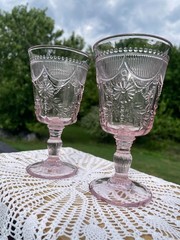 Set of 2 Fortessa Debutante Pink Glass Goblets 10oz. Vintage Floral Pressed
