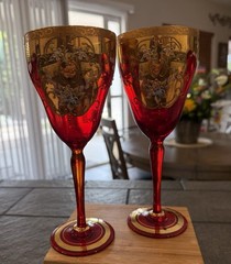 Vintage 1950’s Murano Glass Ruby Red & Gold Tre Fuochi Wine Goblet SET of 2