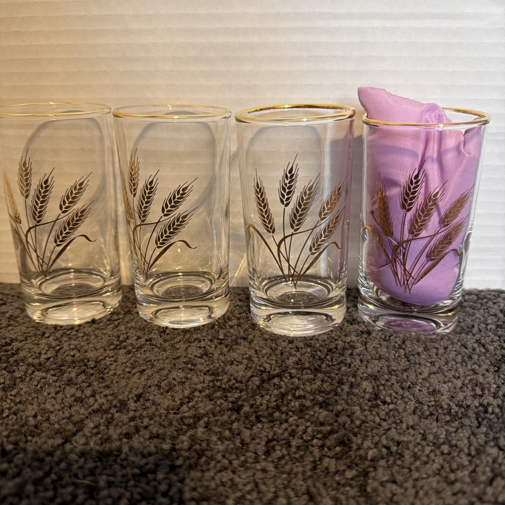 Set Of 4 Vintage Homer Laughlin Golden Wheat 22k Gold 4 Oz Juice Glasses MCM
