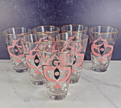 7 MCM Libbey Glass 5.25″ Seville Tumblers Mid Century Modern Barware Pink Black
