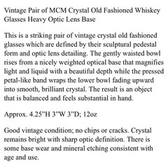 Vintage Pair of MCM Crystal Old Fashioned Whiskey Glasses Heavy Optic Lens Base
