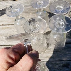 SET OF 6 ANTIQUE AMERICAN BRILLIANT CUT CRYSTAL STEMMED DOUBLE DIAMOND FAN GLASS