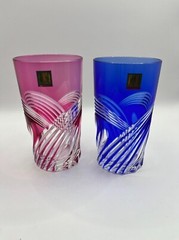 Hoya Crystal Whisky Glass 2 Pieces Set Blue Red Color with the Box Made in Japan