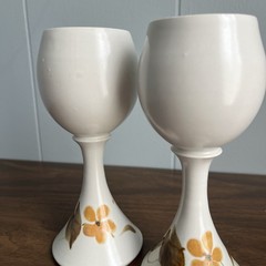 Pair Studio Pottery Wine Goblets Vintage Yellow Flower Set Of 2 Wine Glasses