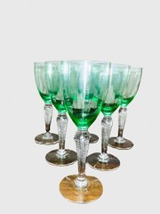 Vintage HC Fry Uranium Glass Wine Glasses Twisted Stem Ribbed Optic Green Set/6
