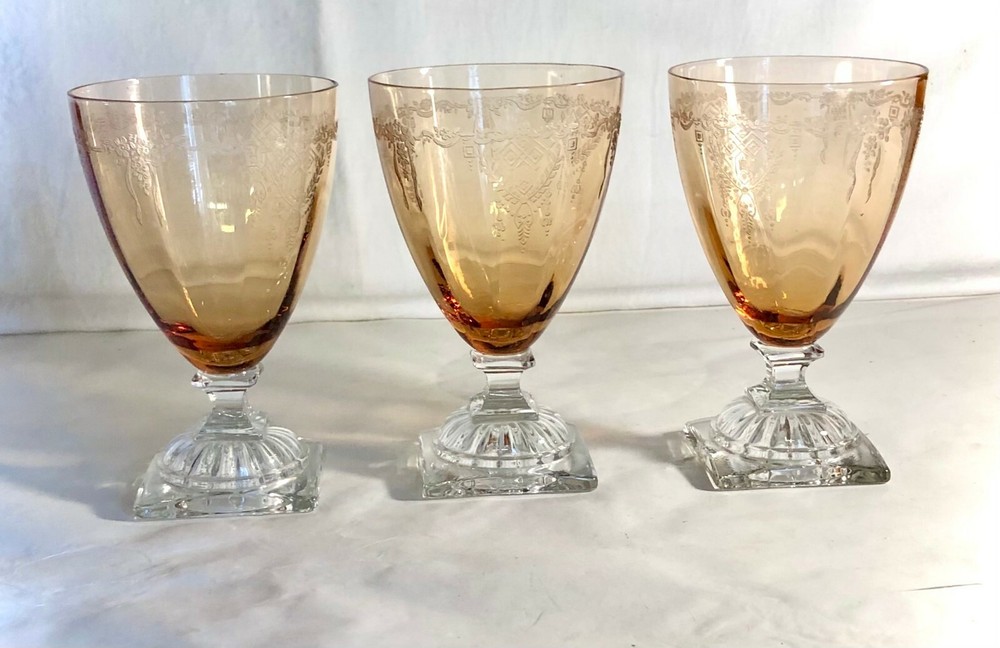 3 Central Glass Works Amber Line 1451 5 1/2″ Etched Water Tumblers