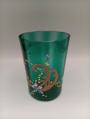 Victorian Optic Hand Blown Green Glass Gold Enameled Tumbler Flowers READ