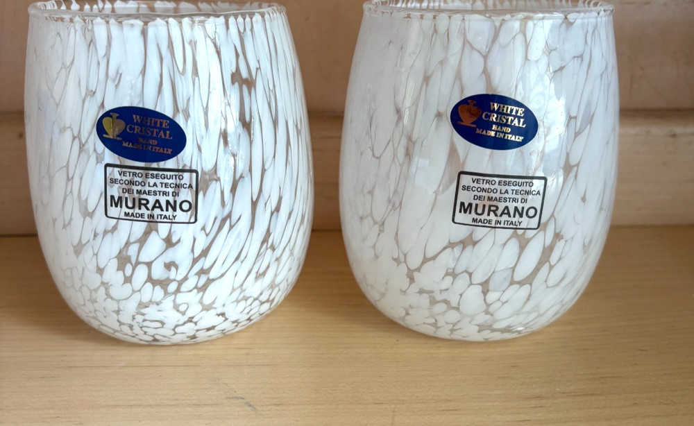 Set Murano White Crystal Confetti Stemless Wine Glass Made In Italy 4”-brand new