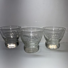 Vintage Set Of 3 Wheat Etched Low Ball Glasses 3” High MCM Heavy Round Bottom